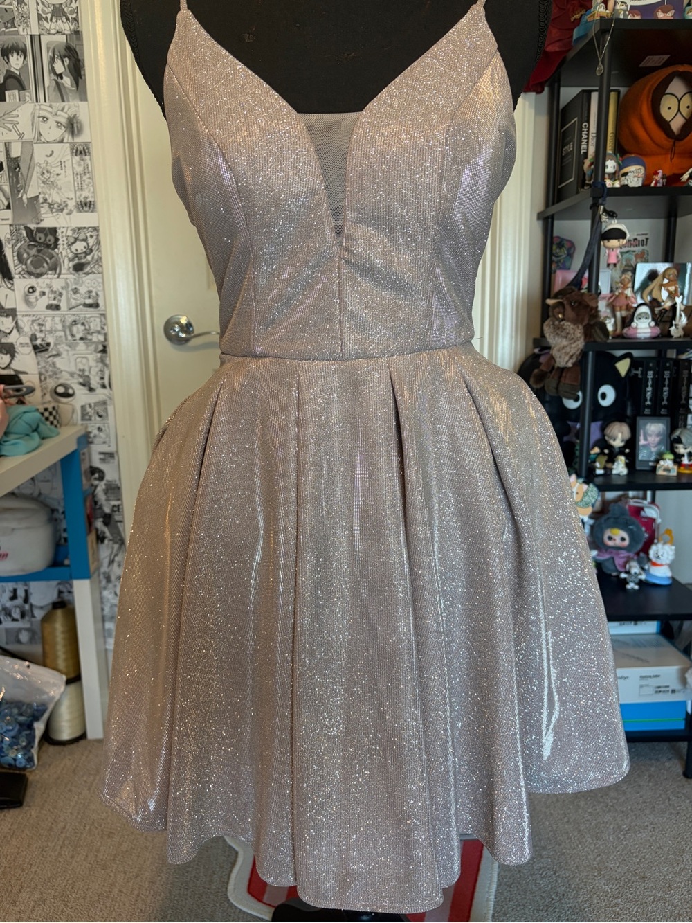 B. Darlin Sparkle A-Line Spaghetti Strap Dress in Shimmering Taupe